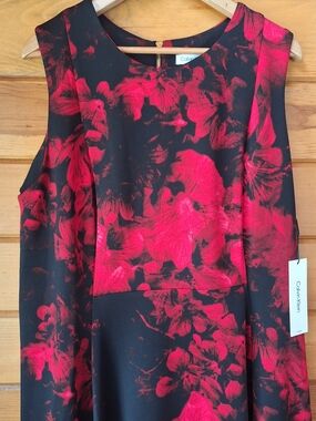 Calvin Klein Black & Red Floral A-Line Dress